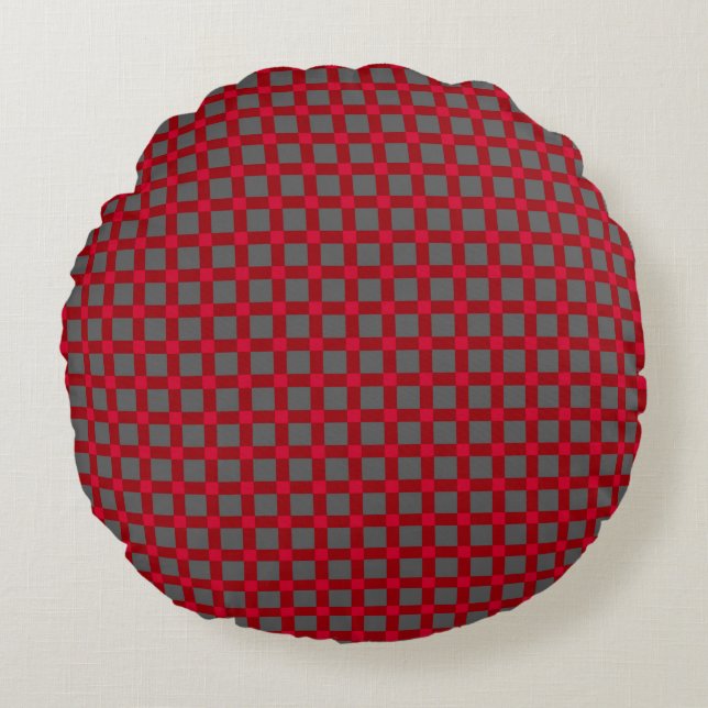 Seamless chequered plaid tartan pattern red grey round cushion (Front)