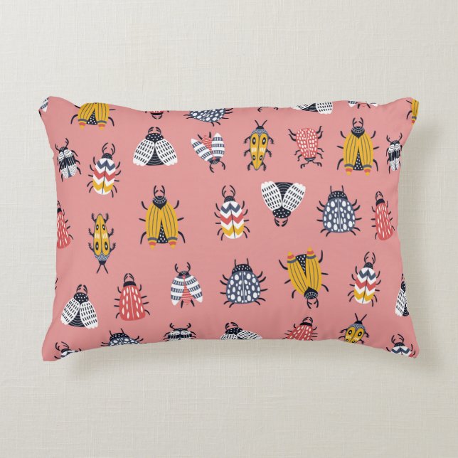 Seamless childish pattern with bugs and beetles in decorative cushion (Front)