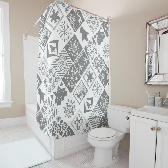 Seamless Christmas patchwork snowflake snow deer t Shower Curtain (In Situ)