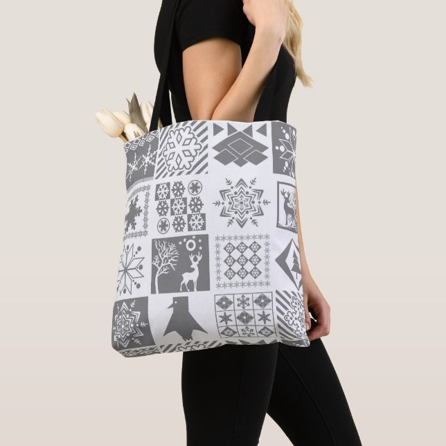 Seamless Christmas patchwork snowflake snow deer t Tote Bag (Close Up)