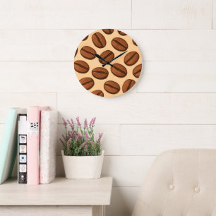 Seamless Coffee Bean Pattern   Warm Brown Café  Large Clock