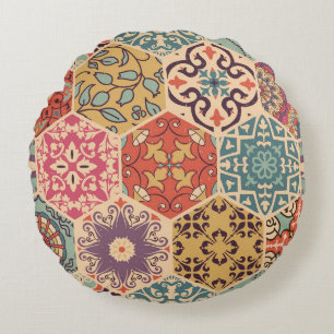 Seamless colorful patchwork tile with Islam, Arabi Round Cushion