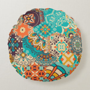 Seamless colorful patchwork tile with Islam, Arabi Round Cushion