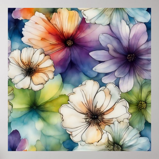 Seamless Colourful Flowers in Watercolor Poster (Front)