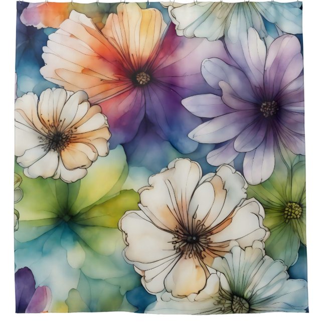 Seamless Colourful Flowers in Watercolor Shower Curtain (Front)