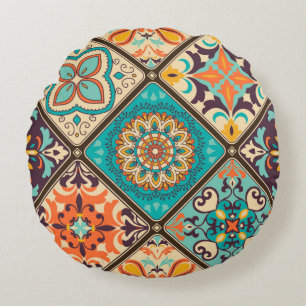 Seamless colourful patchwork tile with Islam, Arab Round Cushion