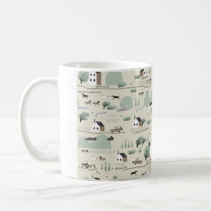 Seamless colourful pattern with house, trees, hors coffee mug