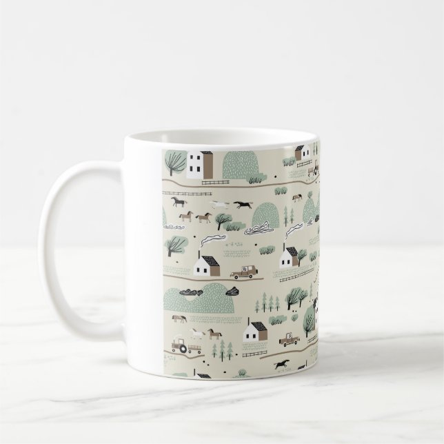 Seamless colourful pattern with house, trees, hors coffee mug (Left)