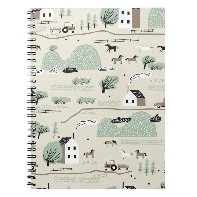 Seamless colourful pattern with house, trees, hors notebook (Front)