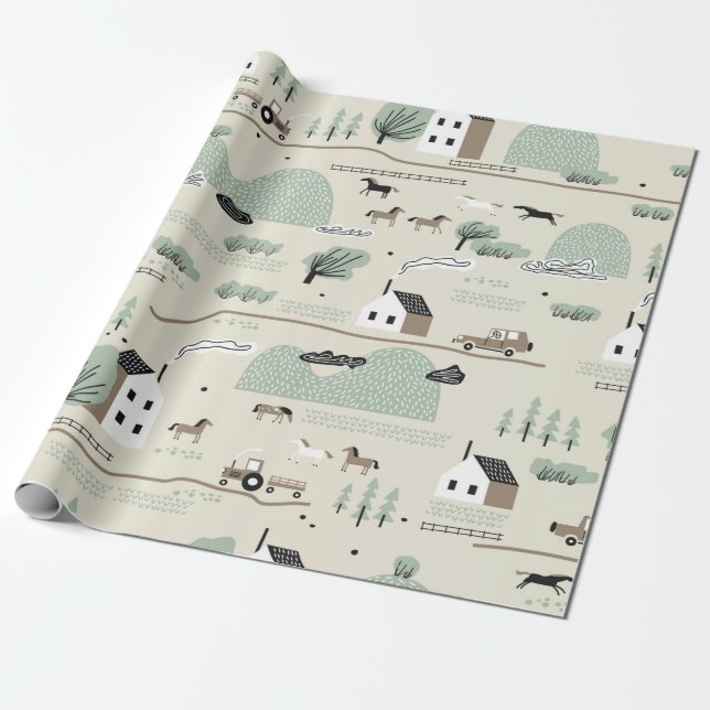 Seamless colourful pattern with house, trees, hors wrapping paper (Unrolled)