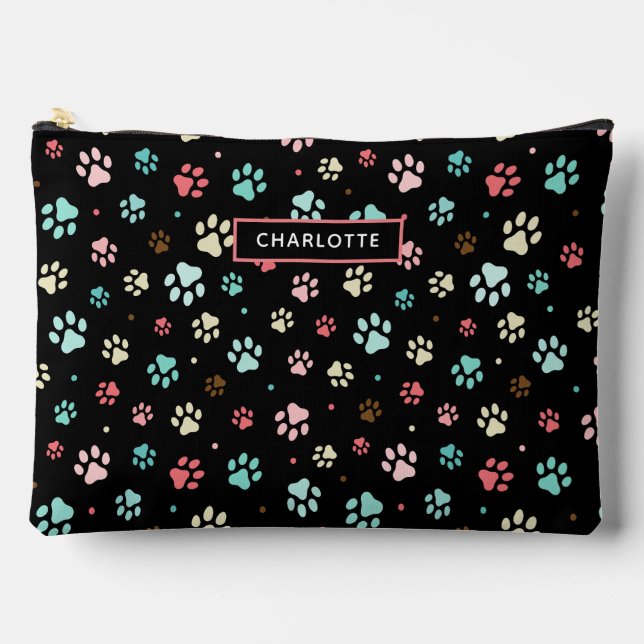 Seamless Colourful Small Dog Paws Black  Accessory Pouch (Front)