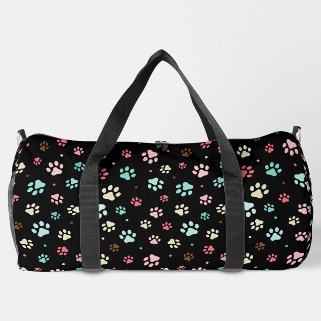 Seamless Colourful Small Dog Paws Black  Duffle Bag (Back)