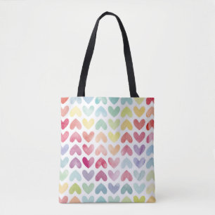 Seamless colourful watercolor painted hearts patte tote bag