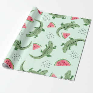 Seamless crocodile pattern with watermelon slices. wrapping paper