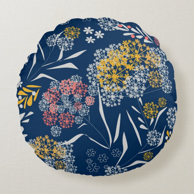 Seamless cute small flowers floral pattern navy vi round cushion (Front)