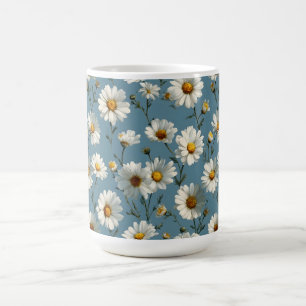Seamless Daisy Flower Pattern on Blue Coffee Mug