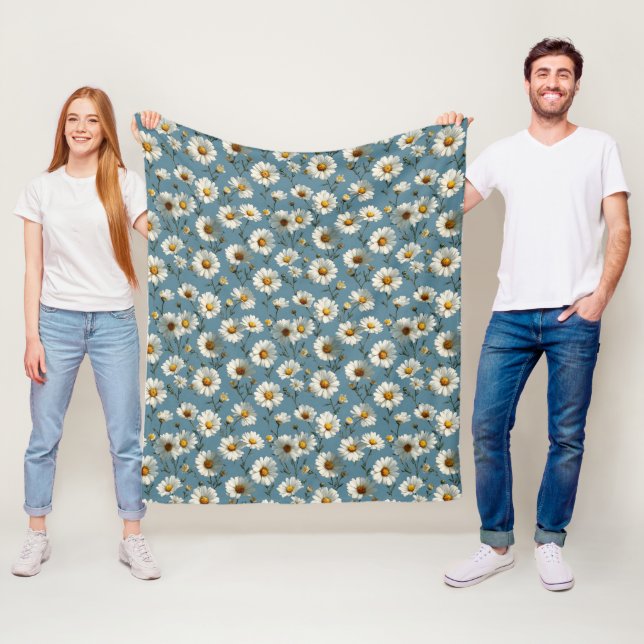 Seamless Daisy Flower Pattern on Blue Fleece Blanket (In Situ)