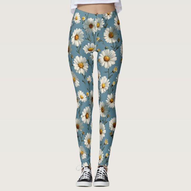 Seamless Daisy Flower Pattern on Blue Leggings (Front)