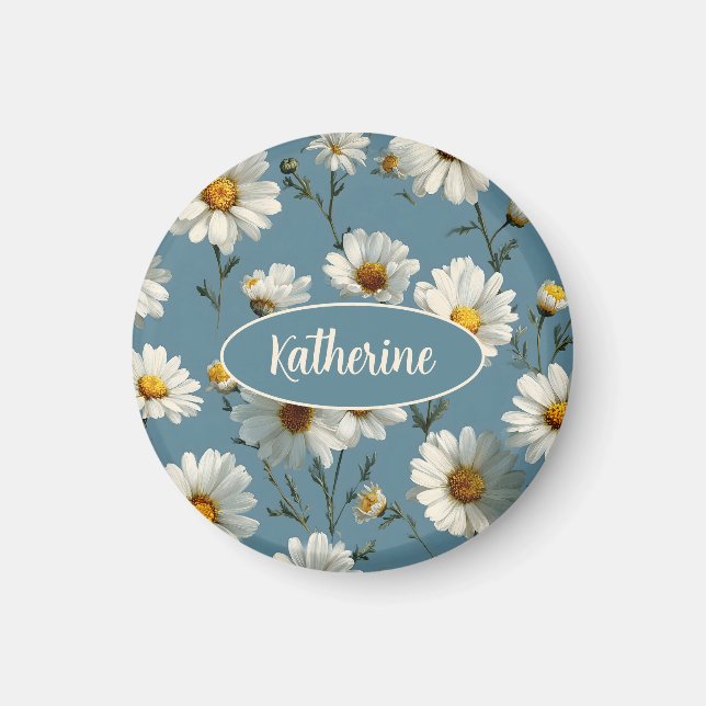 Seamless Daisy Flower Pattern on Blue Magnet (Front)