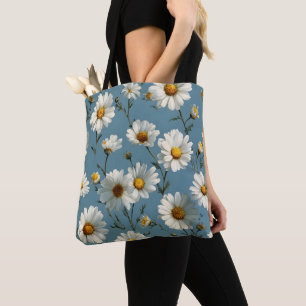 Seamless Daisy Flower Pattern on Blue Tote Bag