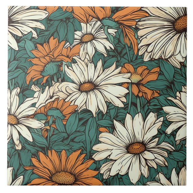 Seamless daisy pattern pretty floral ceramic tile (Front)