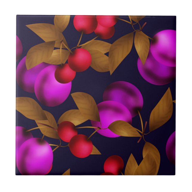 Seamless dark plum fruits purple berries cherry pa ceramic tile (Front)