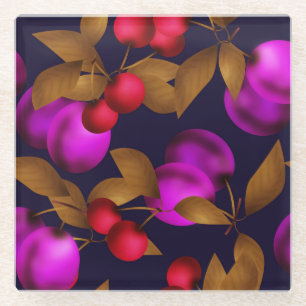 Seamless dark plum fruits purple berries cherry pa glass coaster