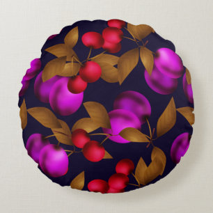 Seamless dark plum fruits purple berries cherry pa round cushion