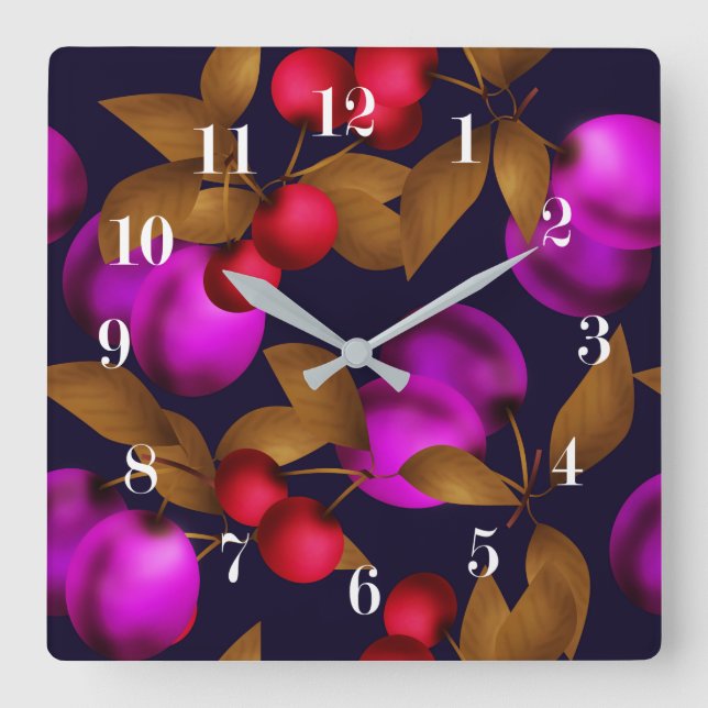 Seamless dark plum fruits purple berries cherry pa square wall clock (Front)