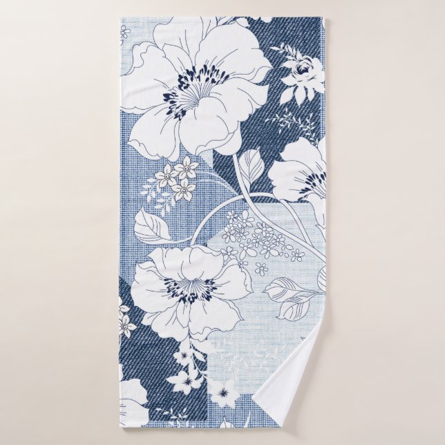 seamless denim patchwork on flower bath towel (Bath Towel)