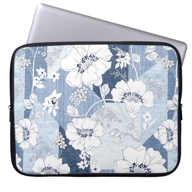 seamless denim patchwork on flower laptop sleeve (Front)