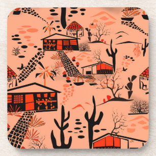 Seamless desert sand landscape houses black orange coaster