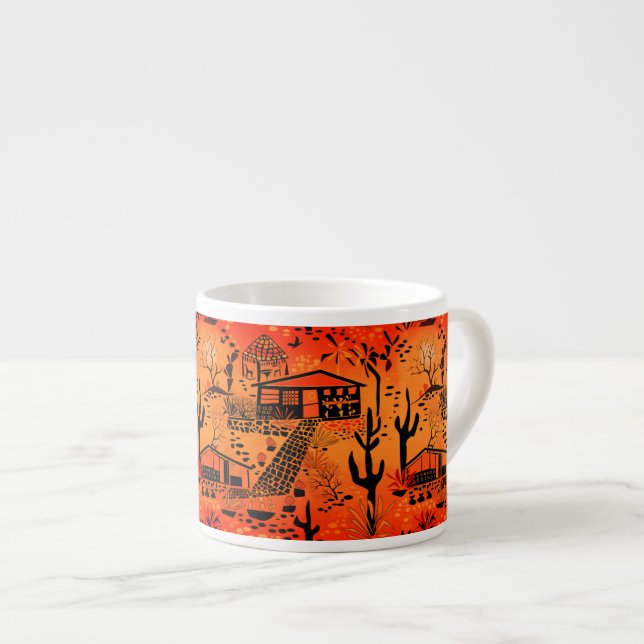 Seamless desert sand landscape houses black orange espresso cup (Front Right)