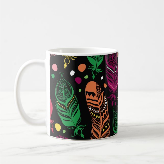 Seamless ethnic feathers, vibrant pattern. coffee mug (Left)