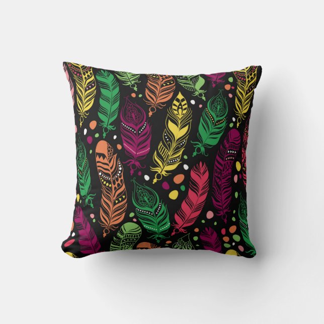 Seamless ethnic feathers, vibrant pattern. cushion (Front)