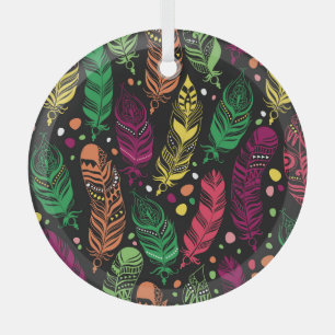 Seamless ethnic feathers, vibrant pattern. glass tree decoration