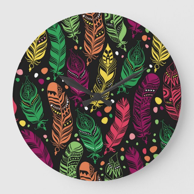 Seamless ethnic feathers, vibrant pattern. large clock (Front)