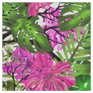 Seamless exotic jungle hibiscus monstera palm leav fabric