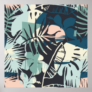 Seamless exotic pattern with tropical plants and a poster