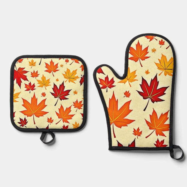 Seamless Fall Foliage Design Oven Mitt & Pot Holder Set (Front)