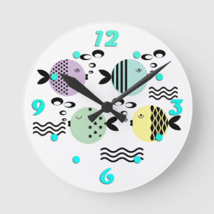 Seamless fish abstract scandinavian modern marine round clock