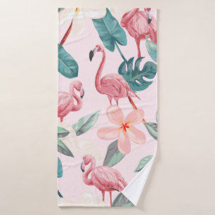 seamless flamingos and tropical flowers illustrati bath towel