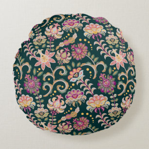 Seamless floral background. Pink flowers and leafs Round Cushion