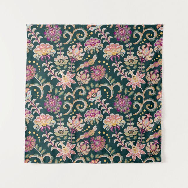 Seamless floral background. Pink flowers and leafs Tapestry (Front)