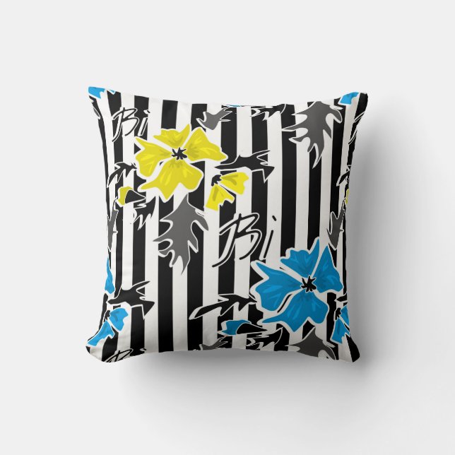 Seamless floral blue yellow flowers grey leaves st cushion (Front)