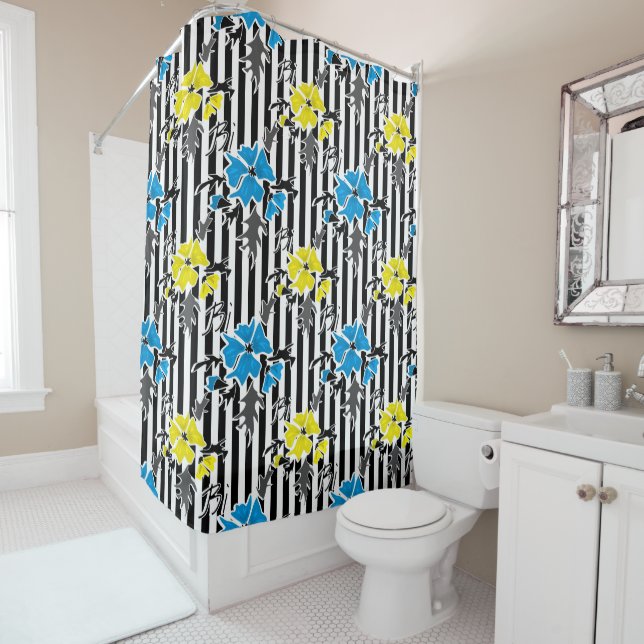 Seamless floral blue yellow flowers grey leaves st shower curtain (In Situ)