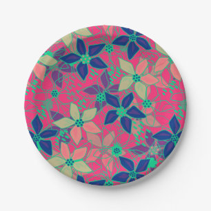 Seamless floral flowers pattern bright summer red paper plate