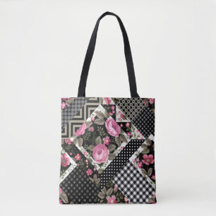 seamless floral patchwork pattern with geometrical tote bag