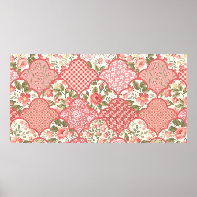 seamless floral patchwork pattern with roses in pa poster (Front)