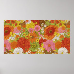 Seamless floral pattern 70s. Autumn flowers and bu Poster